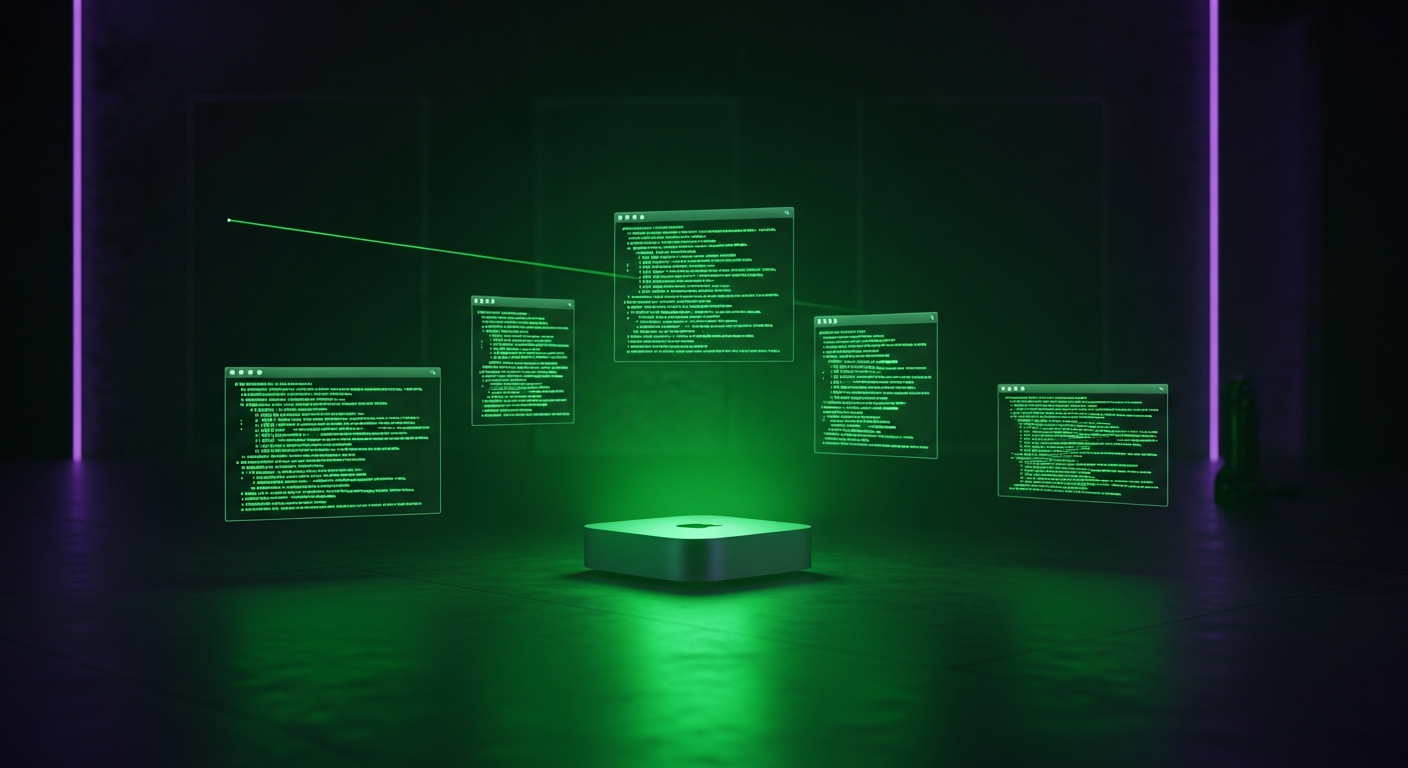 Mac Mini with holographic terminal windows - Claude Home Lab